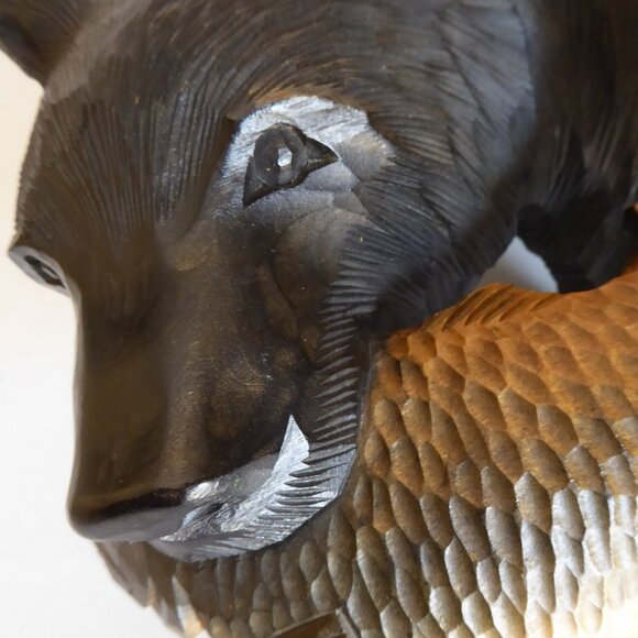 VINTAGE LARGE HOKKAIDO JAPAN JAPANESE AINU HAND CARVED WOOD BEAR WITH SALMON - Picture 14 of 14